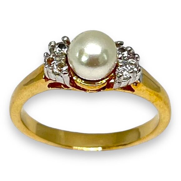 Vintage Ring Size 8 Simulated Pearl CZ Accent 14K Gold Plate Mid-Century MCM 3D - Picture 11 of 16